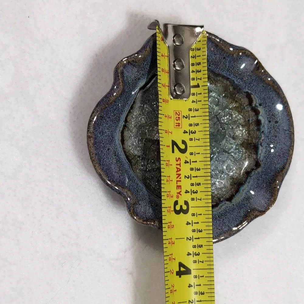 Studio Pottery Wavy‎ Edge Glazed Melted Crackled Glass Trinket Ring Dish Geode